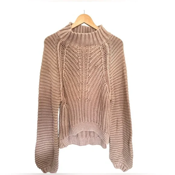 Free People Balloon-Arm Nude Sweater Women Sz Large Heavyweight  chunky rib knit - Picture 2 of 10